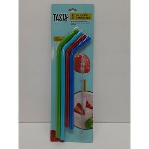 New TASTY Reusable 5 Piece‎ Silicone Straws w/ Cleaning Brush Set